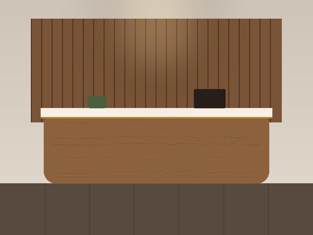 Curved oak reception counter in a corporate office lobby